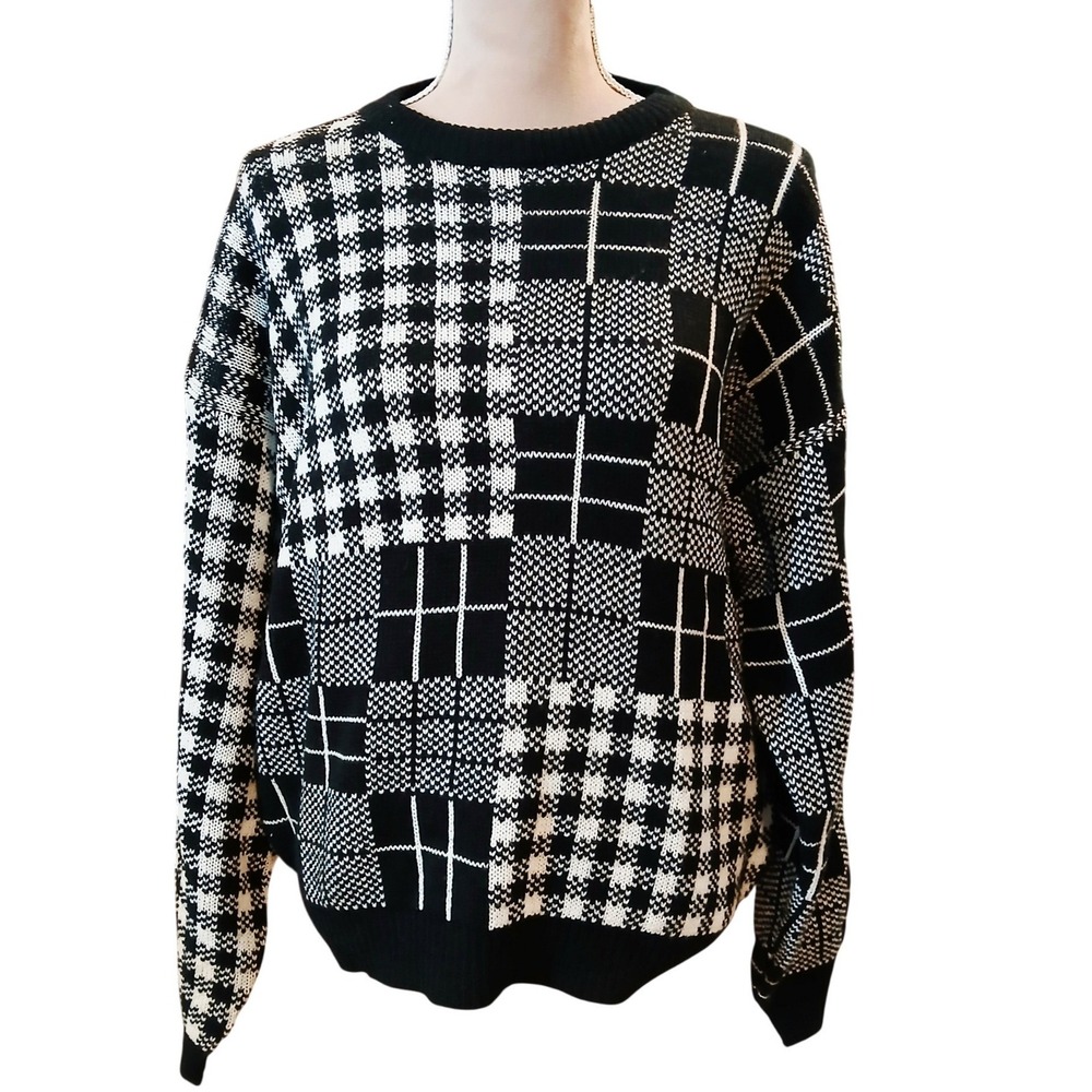 Vtg Carriage Court Black White Patchwork Houndstooth Plaid Sweater Medium NWT